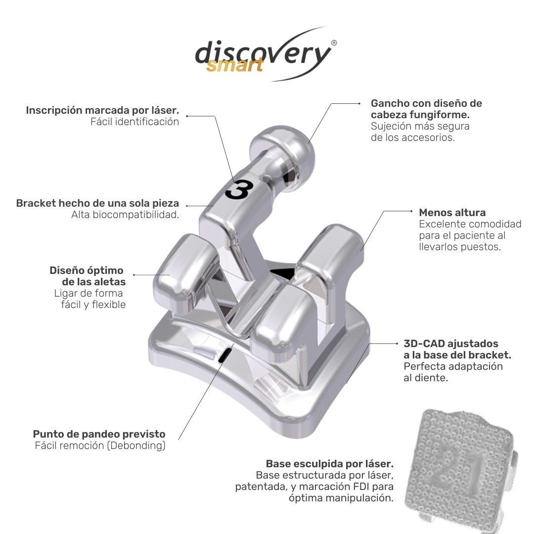 Caso brackets metálicos discovery® smart con gancho en 3, MBT** 22